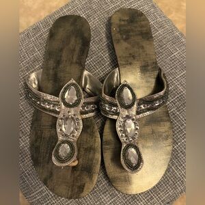 Embellished Black Beaded Women's Thong Sandals